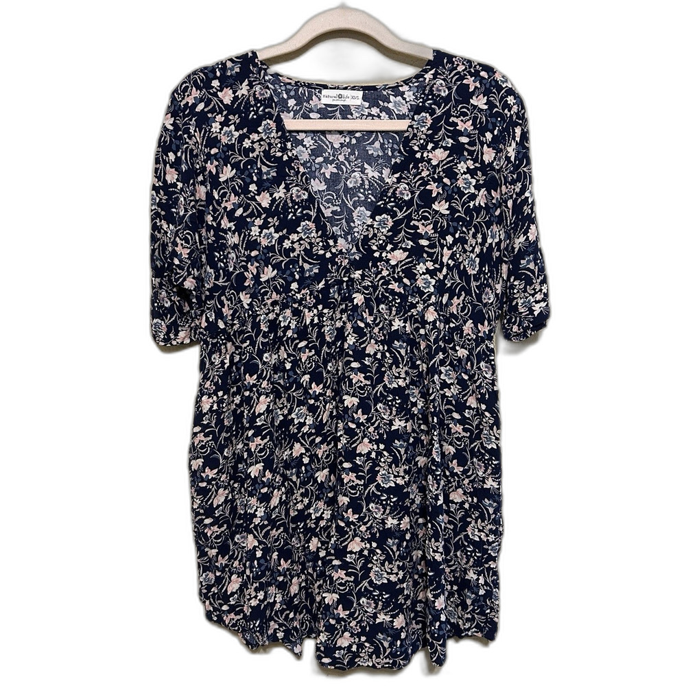 Natural Life Stella Dress XS/S Navy Blue Floral Babydoll Boho Rayon Mini Pockets